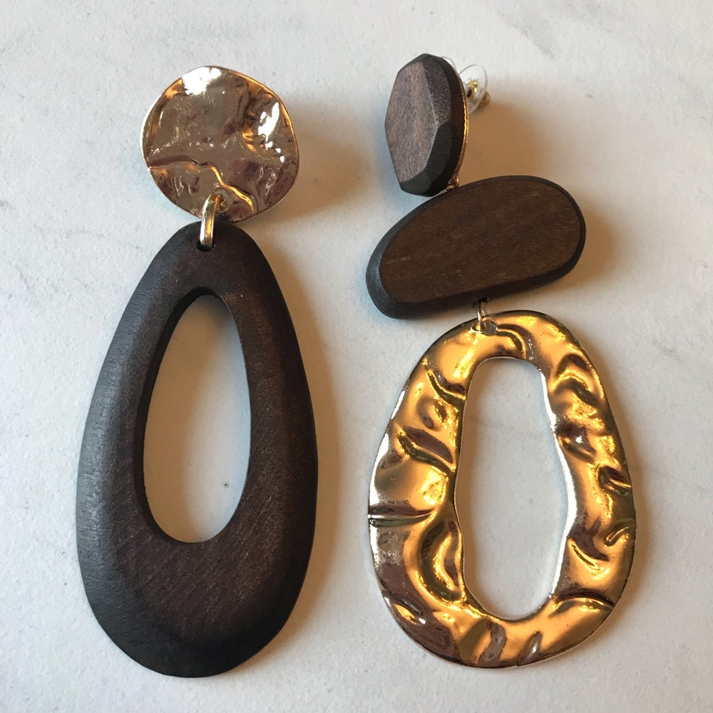 Asymmetric Wood and Gold Statement Earrings